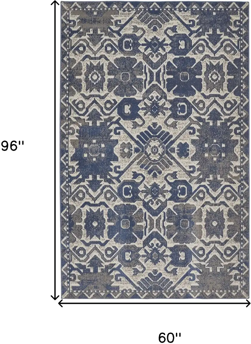 Blue and Ivory Oriental Power Loom Area Rug Photo 3