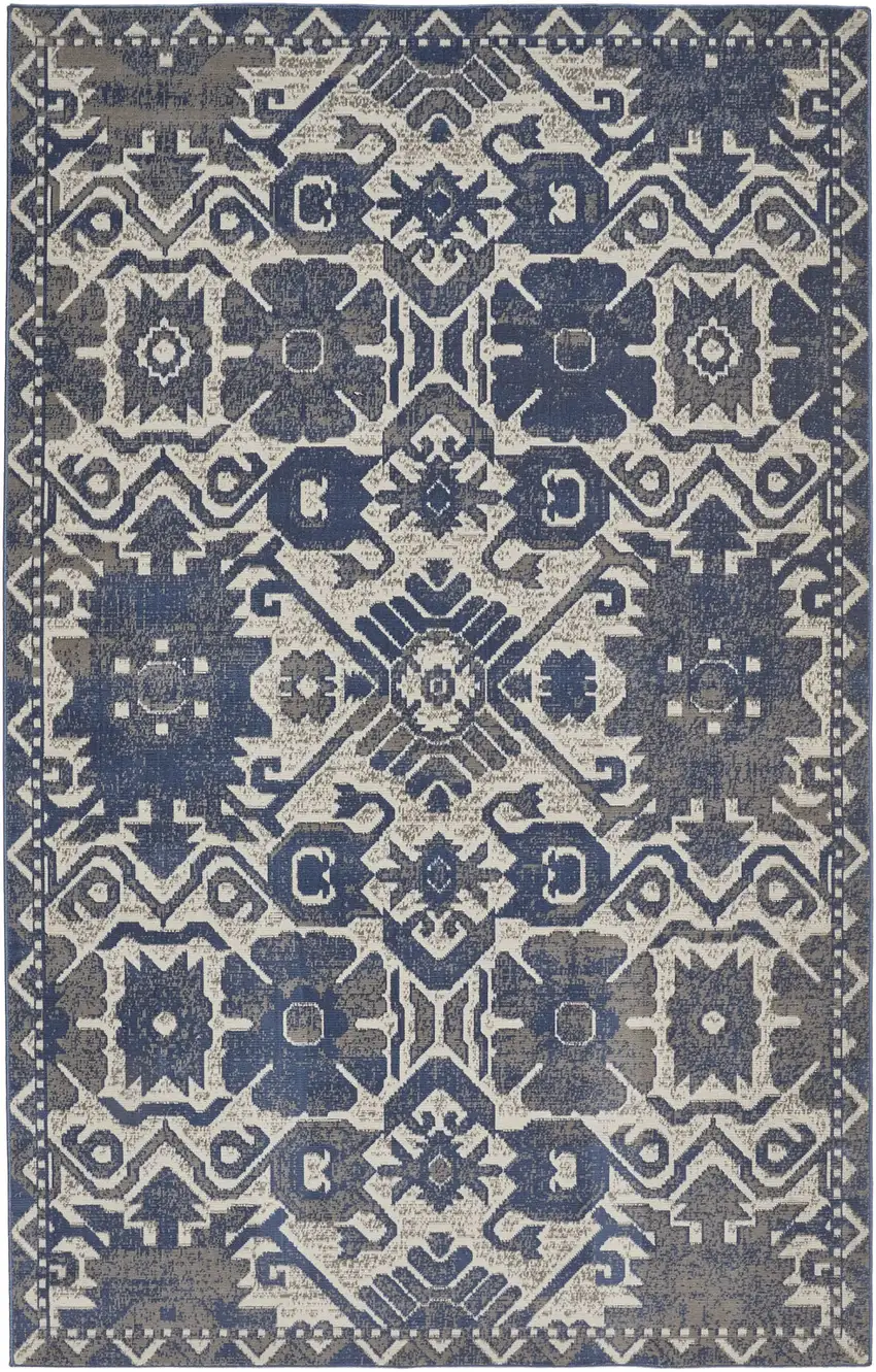 Blue and Ivory Oriental Power Loom Area Rug Photo 2