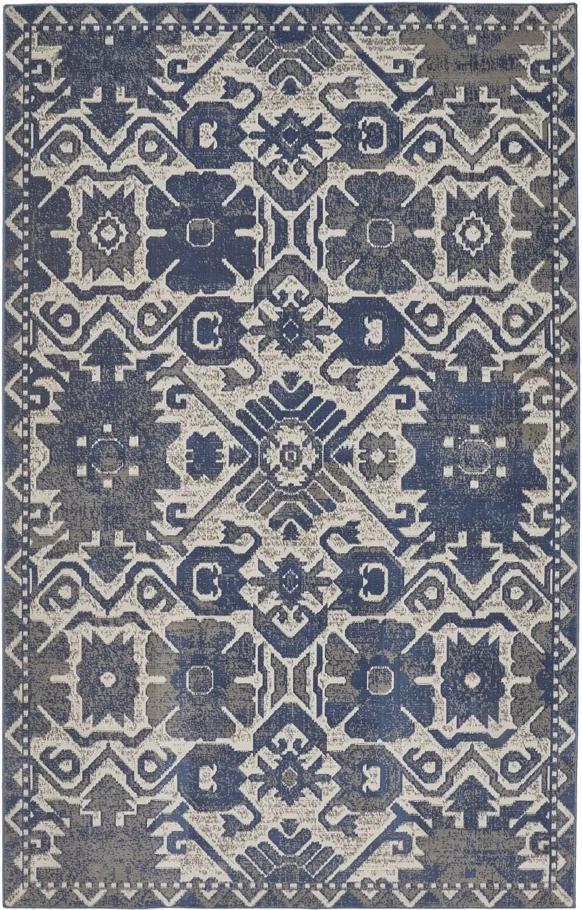 Blue and Ivory Oriental Power Loom Area Rug Photo 5