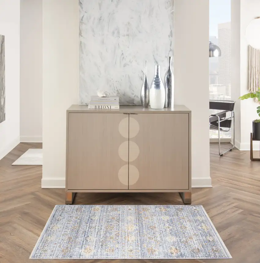 Blue and Ivory Oriental Power Loom Distressed Area Rug With Fringe Photo 5