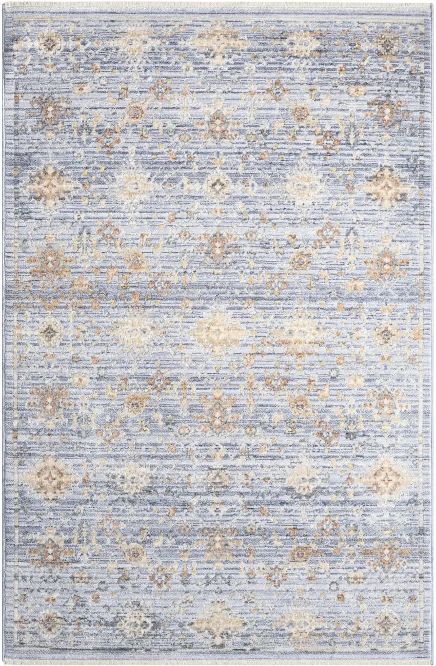Blue and Ivory Oriental Power Loom Distressed Area Rug With Fringe Photo 9