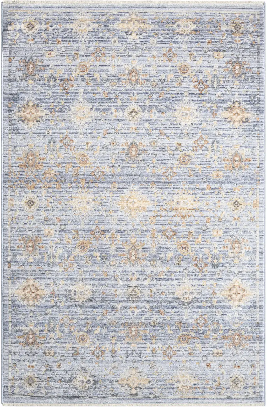Blue and Ivory Oriental Power Loom Distressed Area Rug With Fringe Photo 1