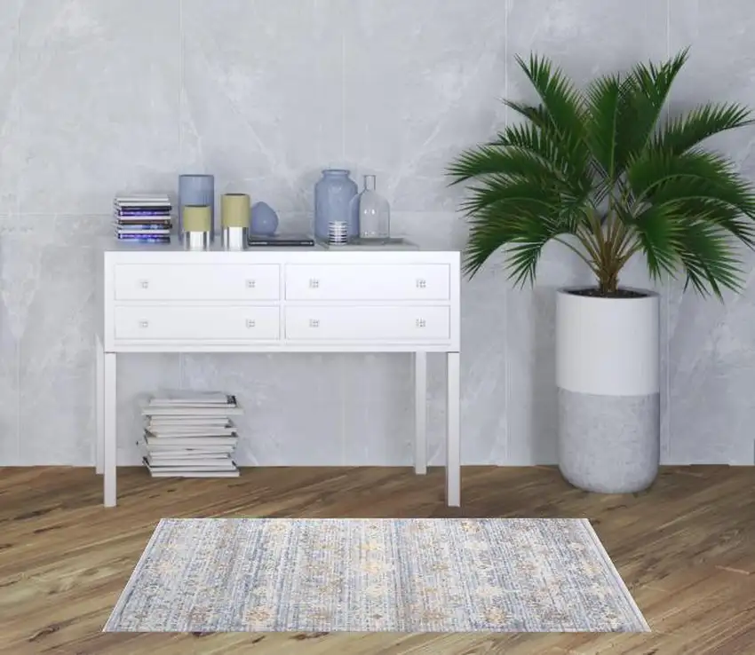 Blue and Ivory Oriental Power Loom Distressed Area Rug With Fringe Photo 3