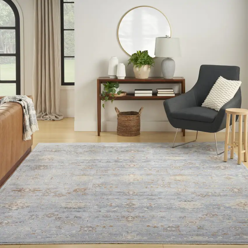 Blue and Ivory Oriental Power Loom Distressed Area Rug With Fringe Photo 6