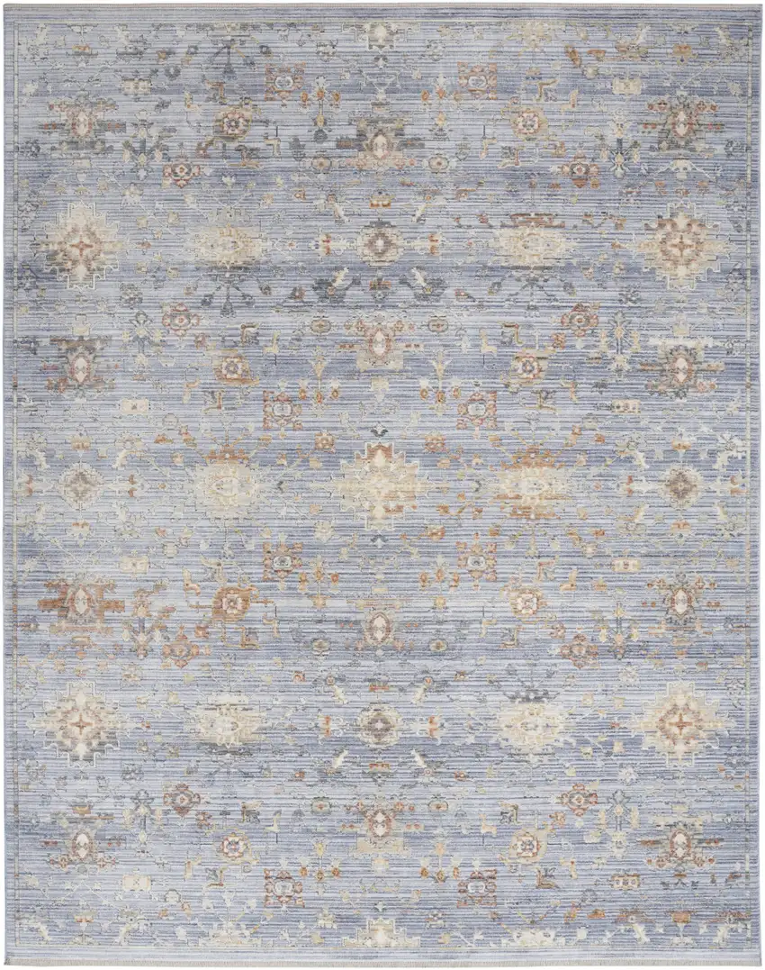 Blue and Ivory Oriental Power Loom Distressed Area Rug With Fringe Photo 2