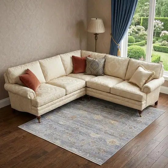 Blue and Ivory Oriental Power Loom Distressed Area Rug With Fringe Photo 1