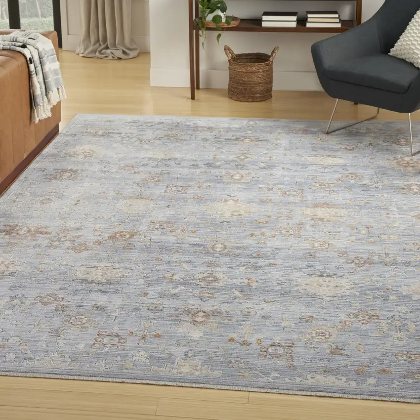 Blue and Ivory Oriental Power Loom Distressed Area Rug With Fringe Photo 5