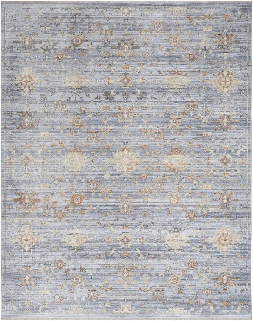 Blue and Ivory Oriental Power Loom Distressed Area Rug With Fringe Photo 1