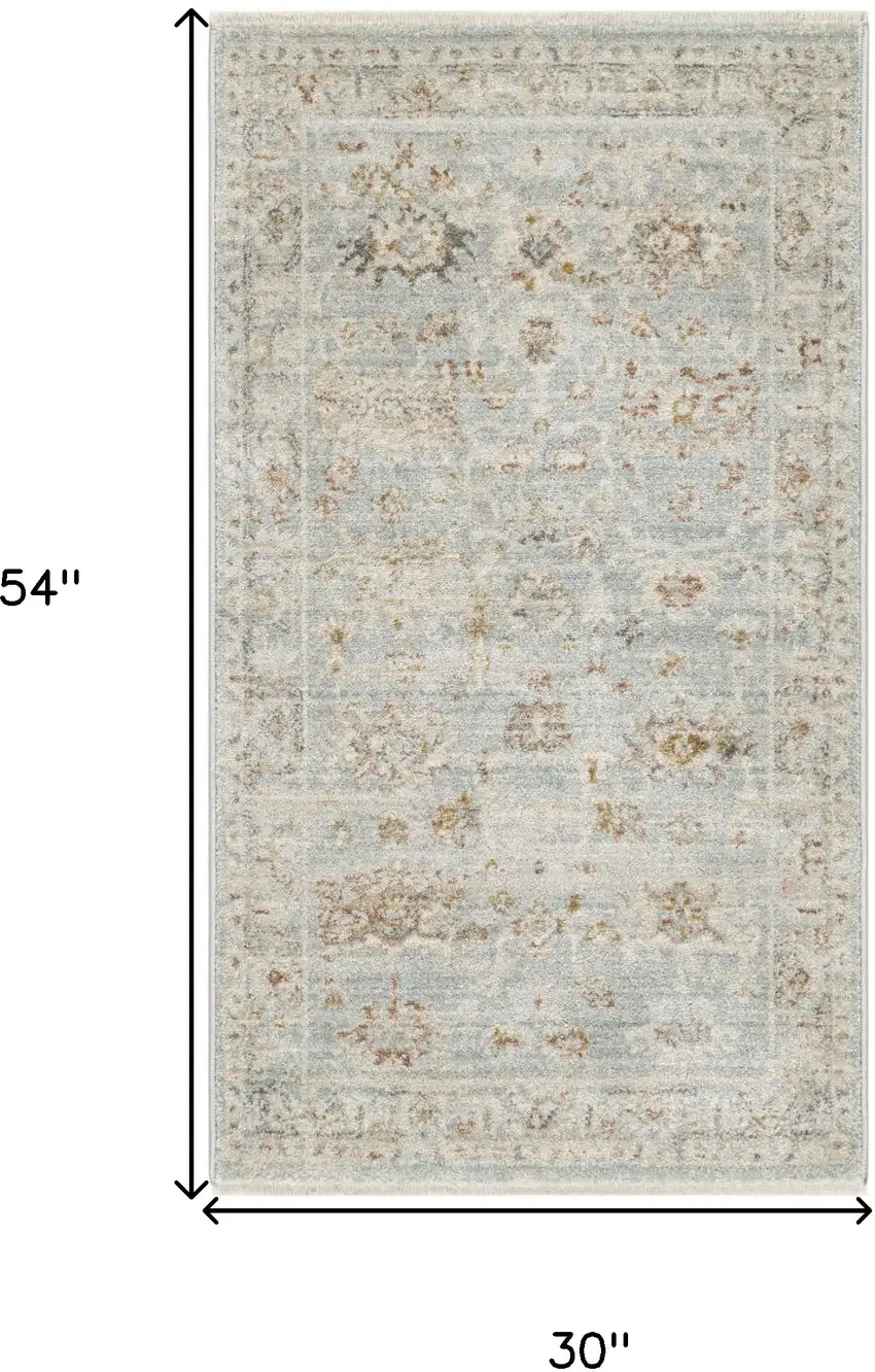 Blue and Ivory Oriental Power Loom Distressed Area Rug With Fringe Photo 3