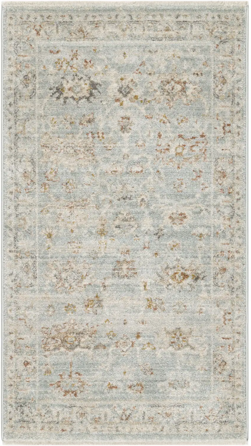 Blue and Ivory Oriental Power Loom Distressed Area Rug With Fringe Photo 2