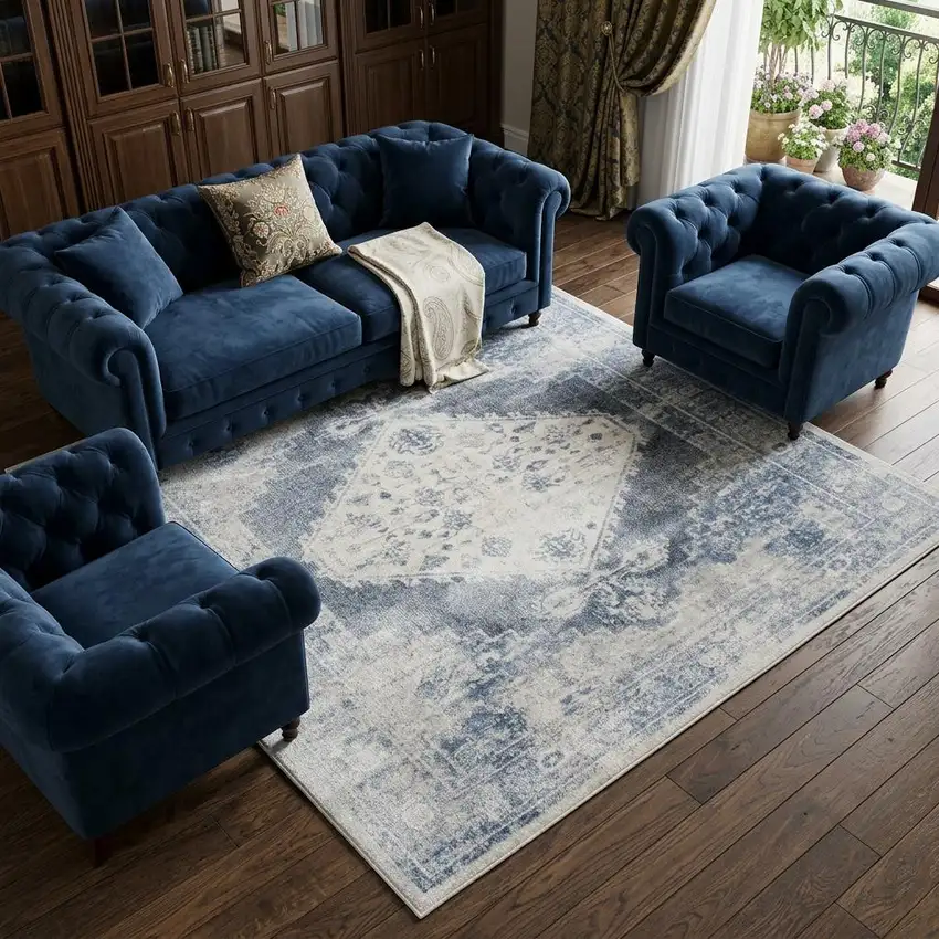 Blue and Ivory Oriental Power Loom Distressed Area Rug Photo 1