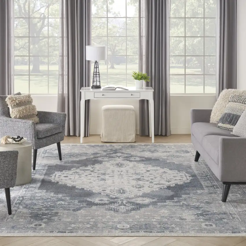 Blue and Ivory Oriental Power Loom Distressed Area Rug Photo 6