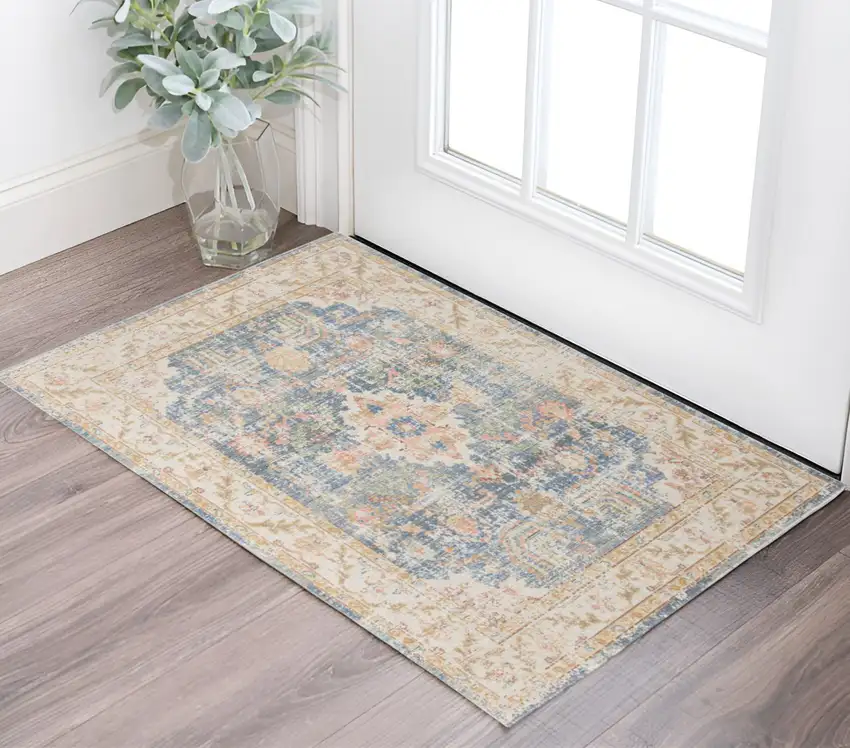 Coral and Blue Oriental Power Loom Worn Faded Area Rug Photo 1