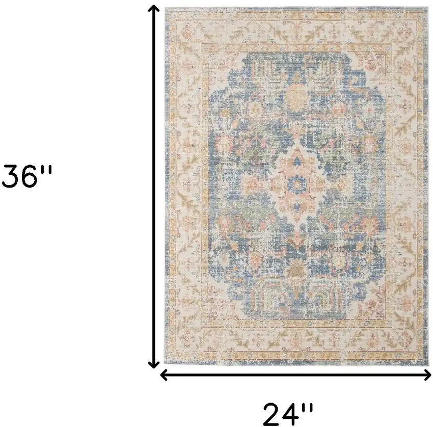 Blue and Ivory Oriental Power Loom Distressed Area Rug Photo 8