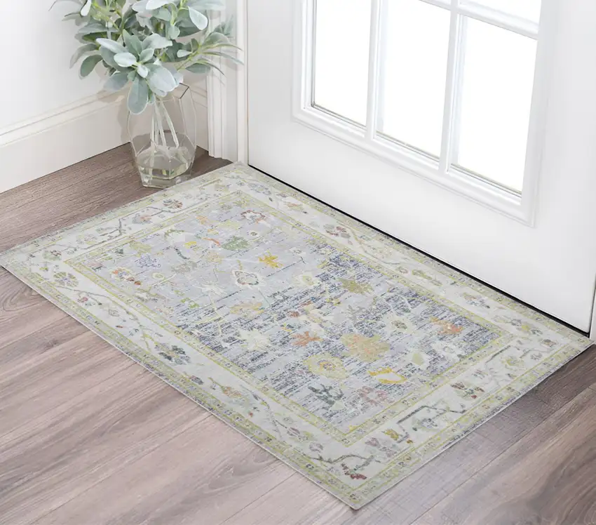 Ivory Blue and Orange Oriental Power Loom Worn Faded Area Rug Photo 1