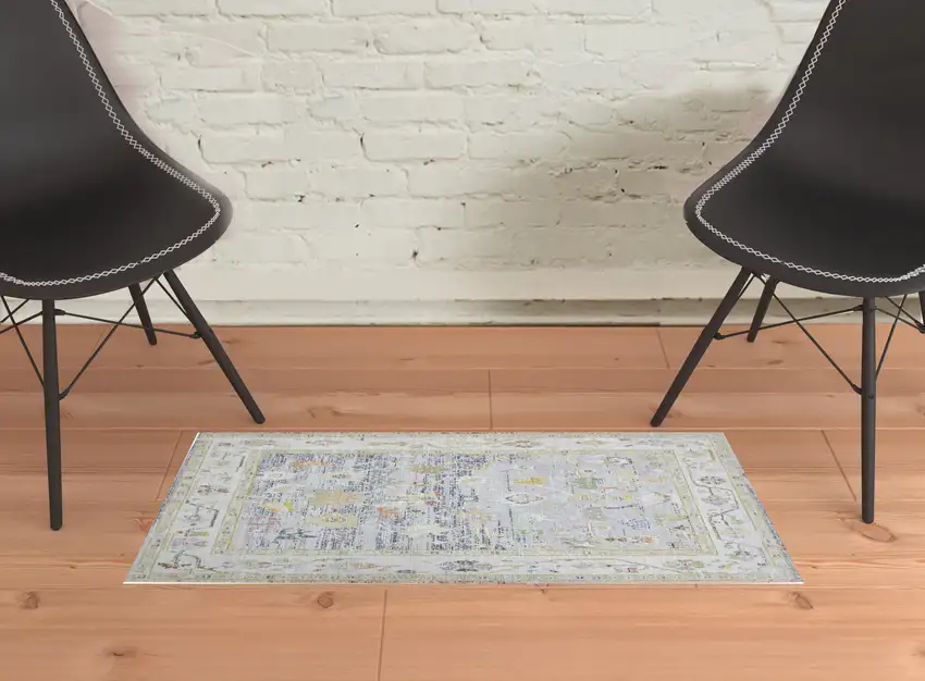 Blue and Ivory Oriental Power Loom Distressed Area Rug Photo 2