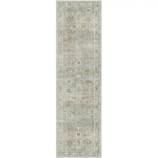 8' Blue And Ivory Oriental Distressed Runner Rug With Fringe Photo 4