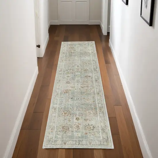 Blue and Ivory Oriental Power Loom Distressed Runner Rug With Fringe Photo 1