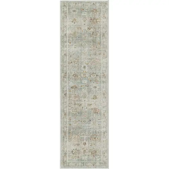 8' Blue And Ivory Oriental Distressed Runner Rug With Fringe Photo 3