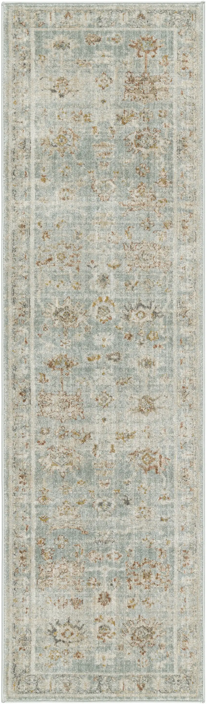 8' Blue And Ivory Oriental Distressed Runner Rug With Fringe Photo 3