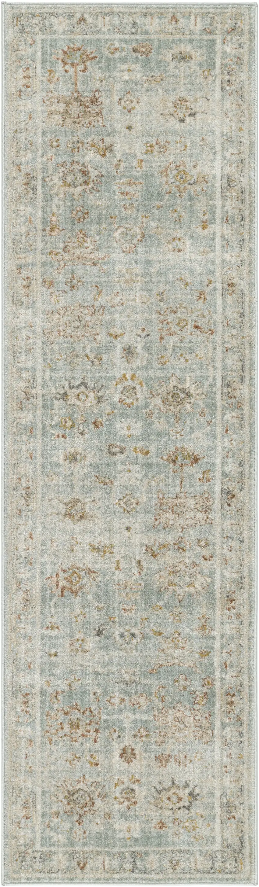Blue and Ivory Oriental Power Loom Distressed Runner Rug With Fringe Photo 2