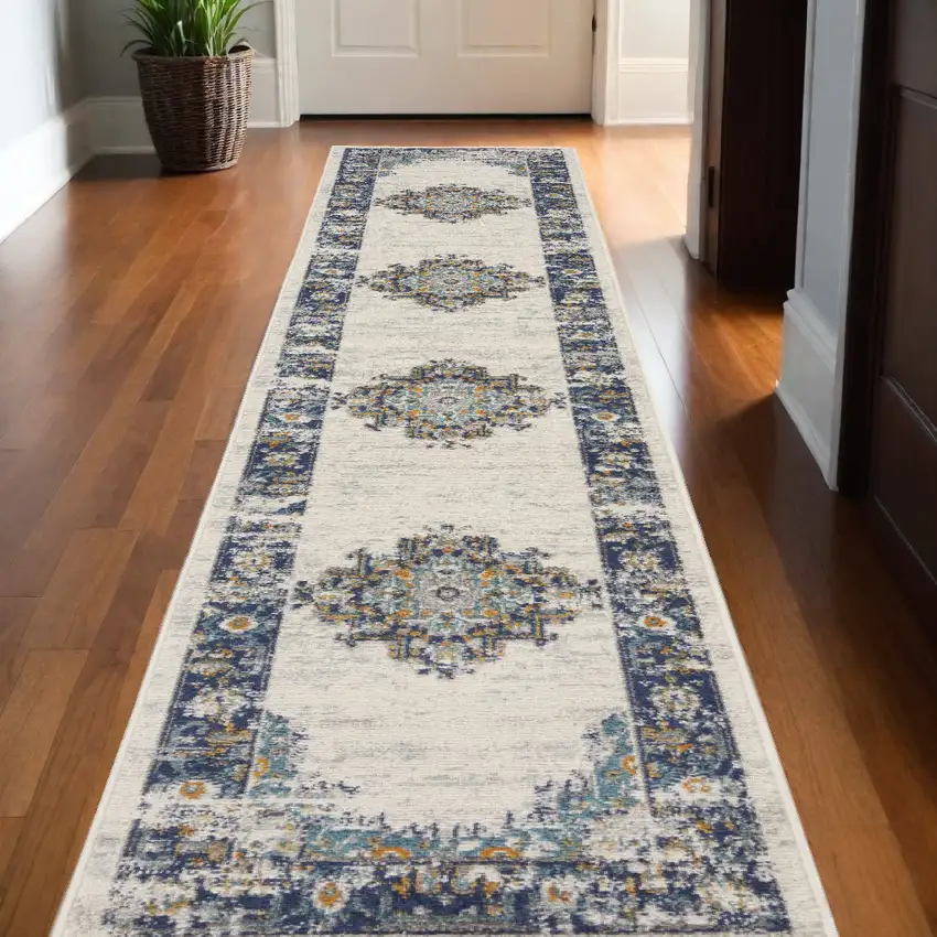 Blue and Ivory Oriental Power Loom Distressed Runner Rug Photo 2