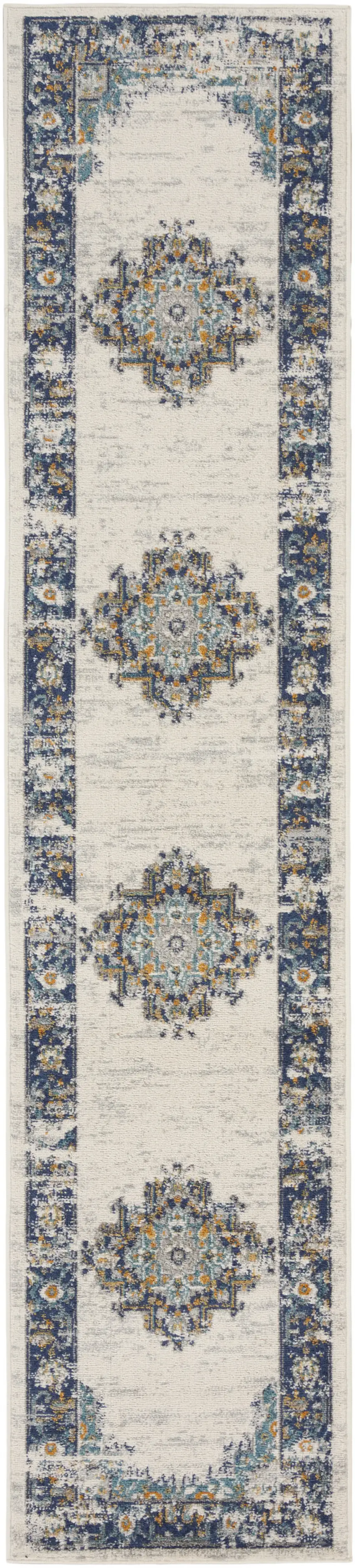 Blue and Ivory Oriental Power Loom Distressed Runner Rug Photo 1