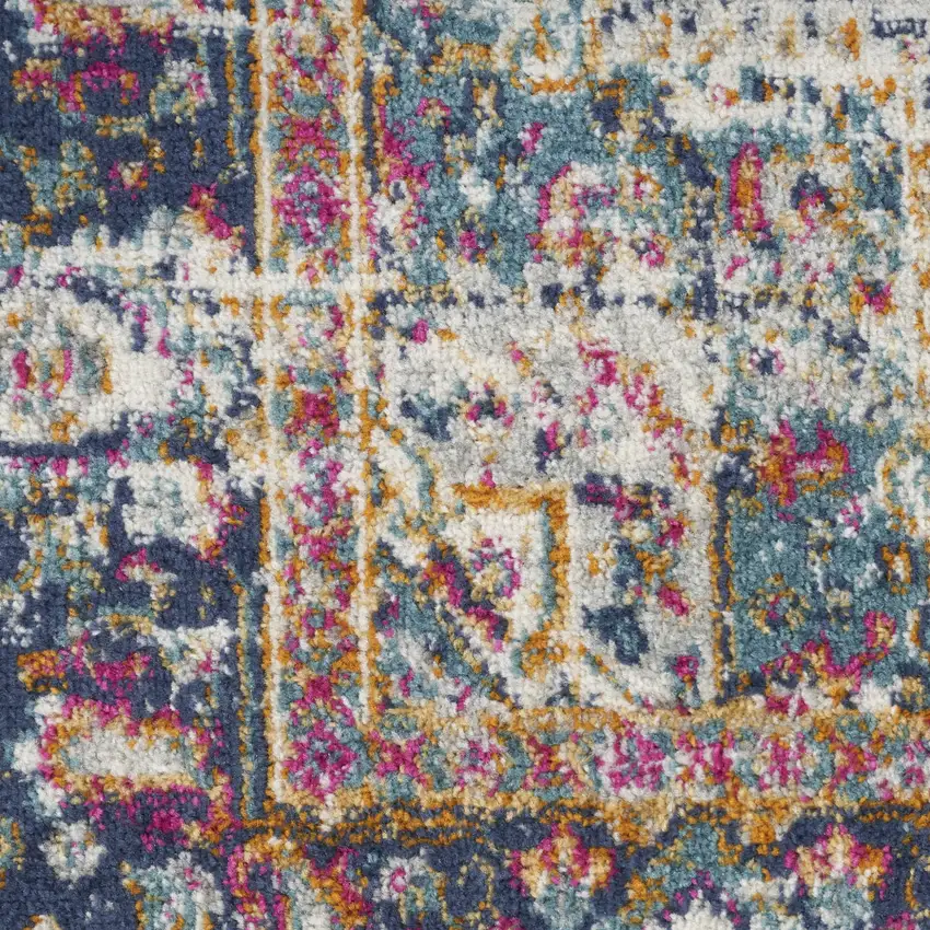 Blue and Ivory Oriental Power Loom Distressed Runner Rug Photo 6