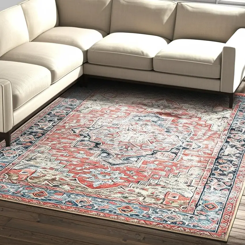 Blue and Ivory Oriental Power Loom Distressed Washable Area Rug Photo 1