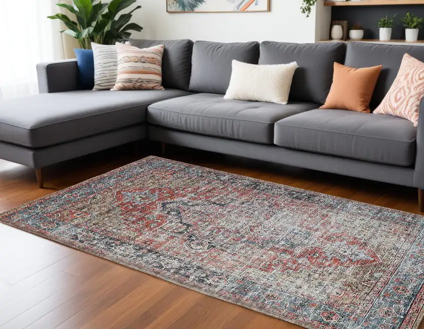 Blue and Ivory Oriental Power Loom Distressed Washable Area Rug Photo 1