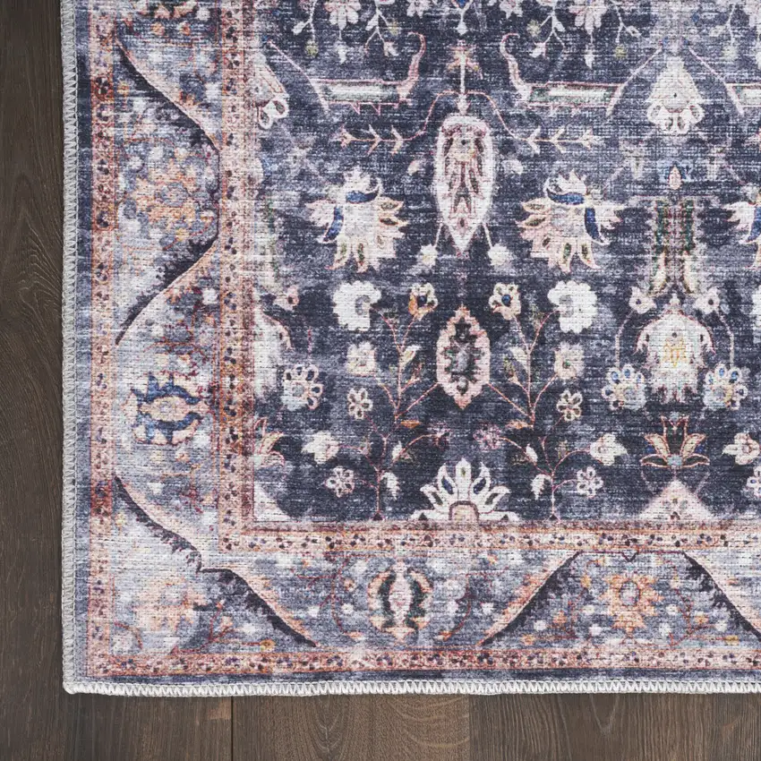 5' X 7' Blue and Ivory Oriental Power Loom Distressed Washable Non Skid Area Rug Photo 7