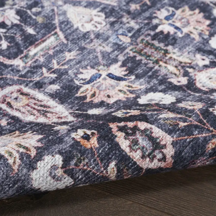 5' X 7' Blue and Ivory Oriental Power Loom Distressed Washable Non Skid Area Rug Photo 8