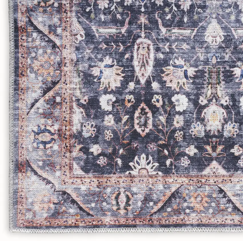 5' X 7' Blue and Ivory Oriental Power Loom Distressed Washable Non Skid Area Rug Photo 9