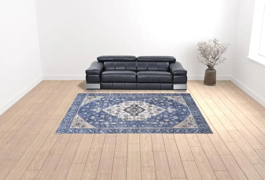 Blue and Ivory Oriental Power Loom Distressed Washable Non Skid Area Rug Photo 3
