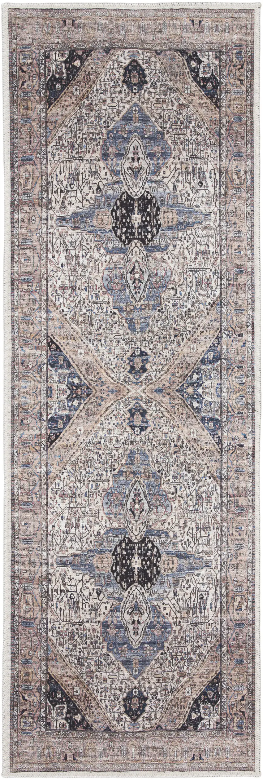 Blue and Ivory Oriental Power Loom Distressed Washable Non Skid Runner Rug Photo 2