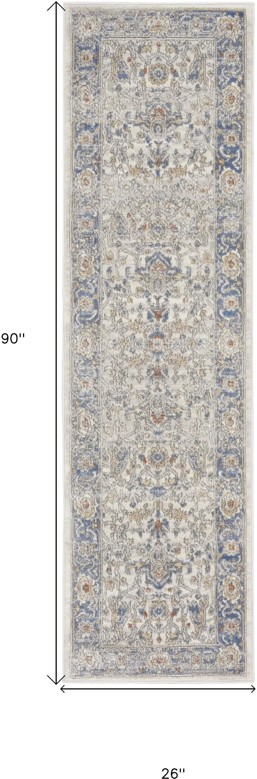 Blue and Ivory Oriental Power Loom Runner Rug Photo 3