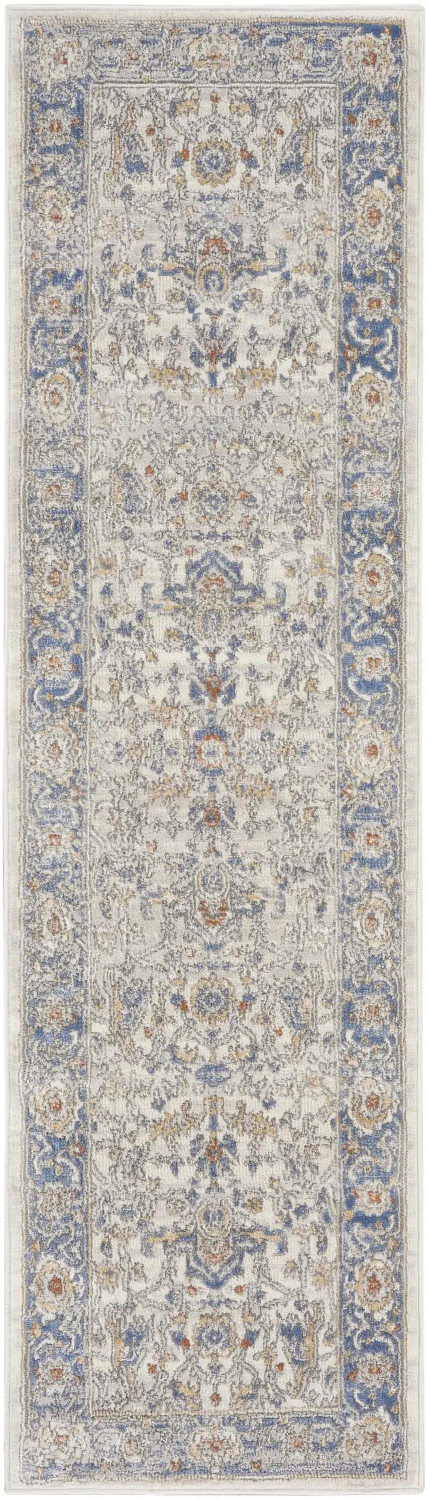 Blue and Ivory Oriental Power Loom Runner Rug Photo 2