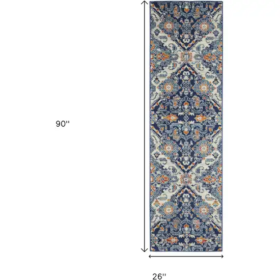 8' Blue And Ivory Floral Runner Rug Photo 3