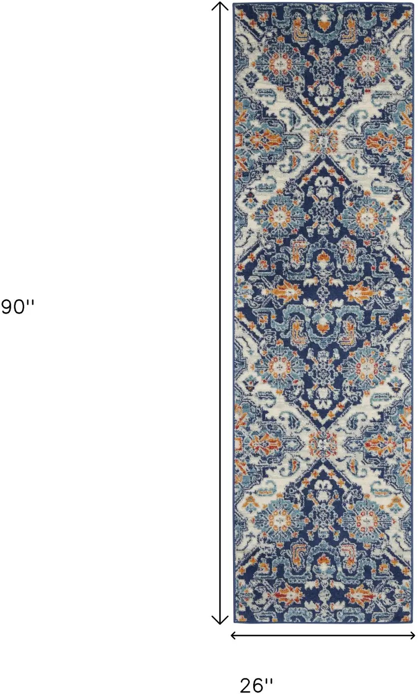 8' Blue And Ivory Floral Runner Rug Photo 3