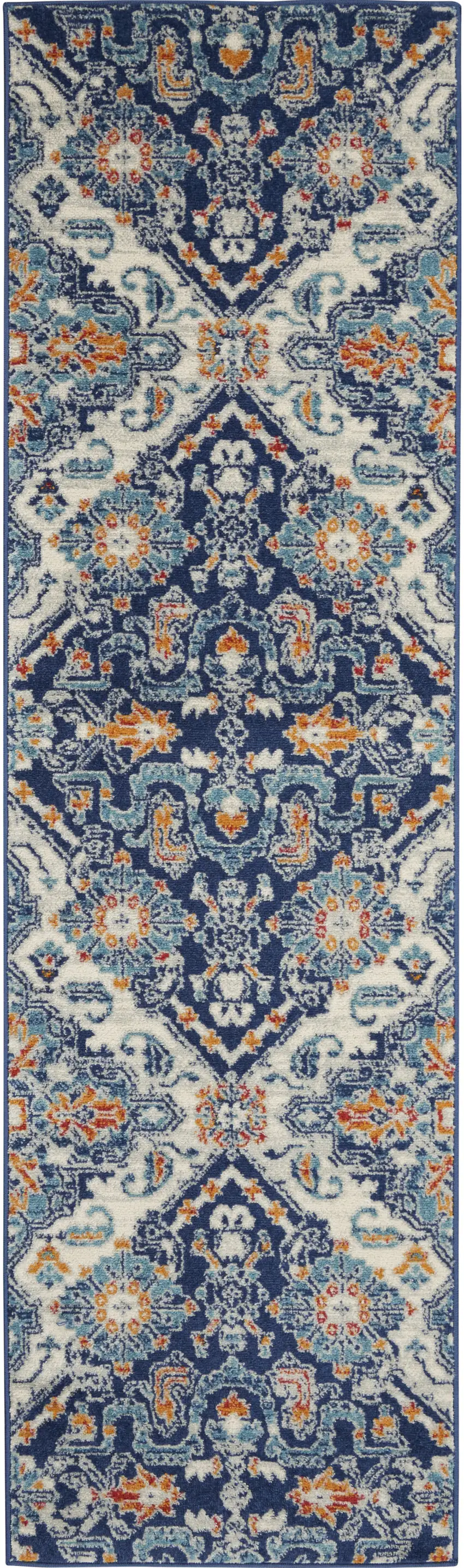 8' Blue And Ivory Floral Runner Rug Photo 1
