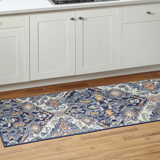 8' Blue And Ivory Floral Runner Rug Photo 1