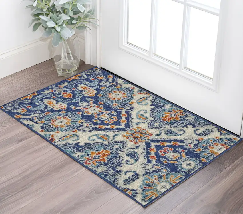 Blue And Ivory Floral Area Rug Photo 2