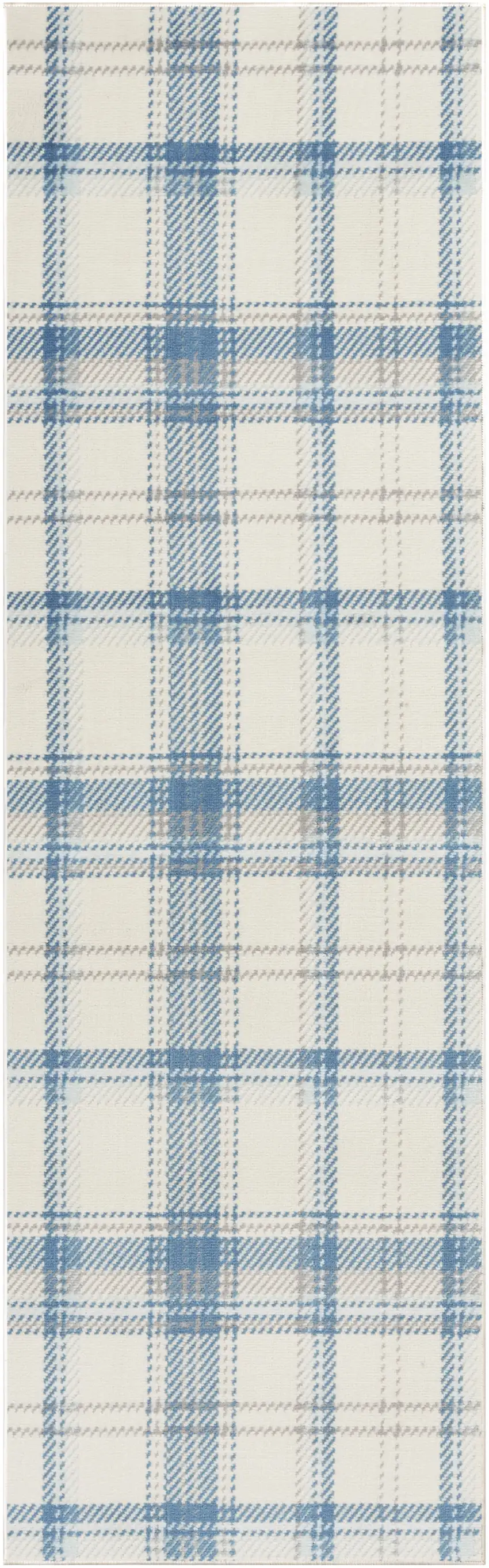 Blue and Ivory Plaid Power Loom Runner Rug Photo 2