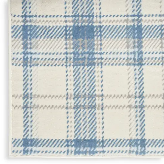 8' Blue And Ivory Plaid Runner Rug Photo 8