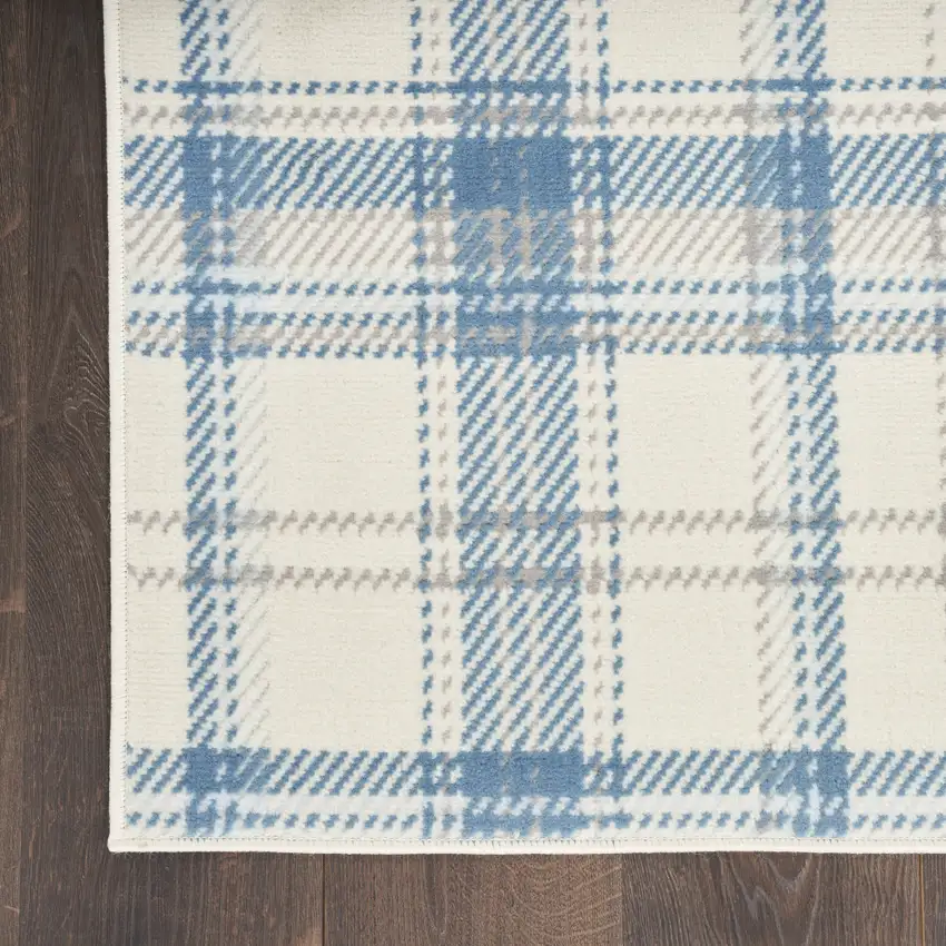 Blue and Ivory Plaid Power Loom Runner Rug Photo 6