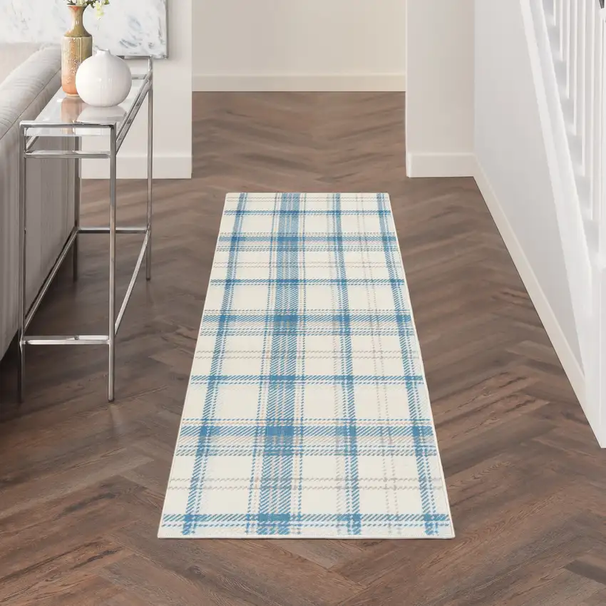 Blue and Ivory Plaid Power Loom Runner Rug Photo 7