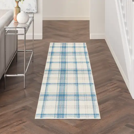 8' Blue And Ivory Plaid Runner Rug Photo 5