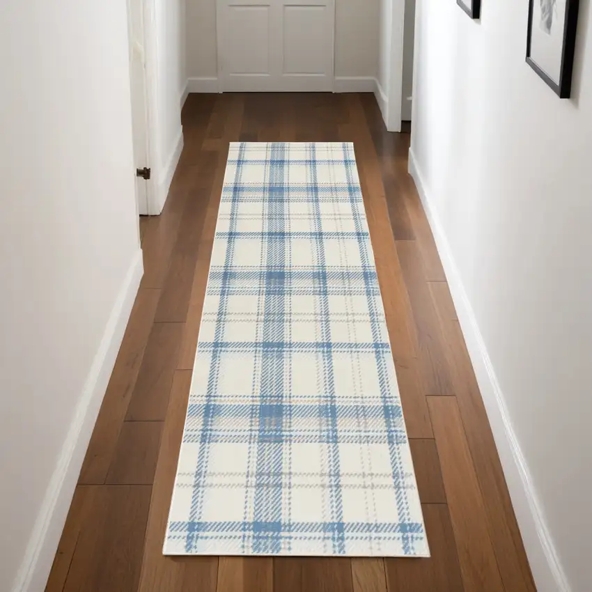 Blue and Ivory Plaid Power Loom Runner Rug Photo 1