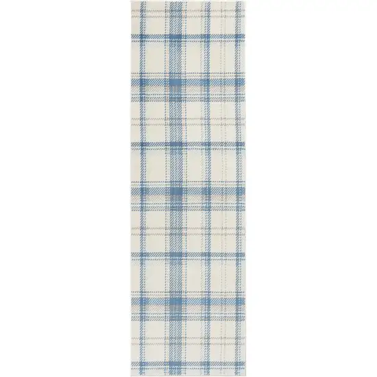 8' Blue And Ivory Plaid Runner Rug Photo 9