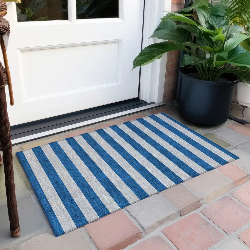 Blue and Ivory Striped Washable Non Skid Indoor Outdoor Area Rug Photo 8